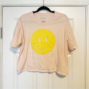 Vinyl Icons graphic smiley face oversized cropped tee shirt.